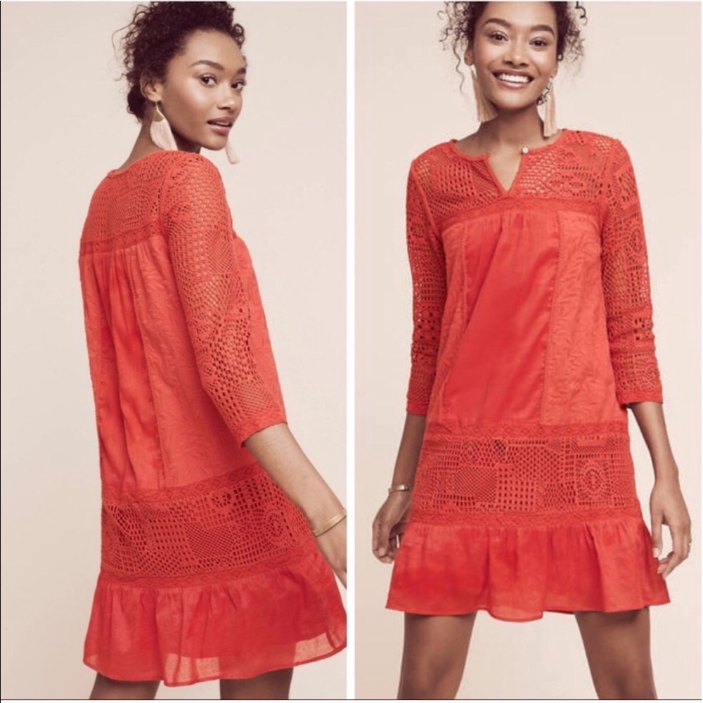 Anthro Hiche Embroidered Crochet Tunic Dress